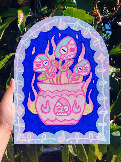 Painting of a plant whose flowers are shark heads, surrounded by flames and a pastel border.